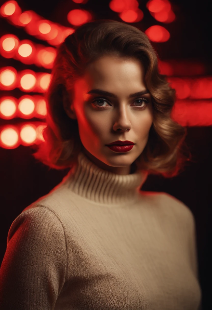 woman with collected hair and flashy makeup, 70s style model pose, turtleneck top, red lights, half length shot, high quality photo, medium shot