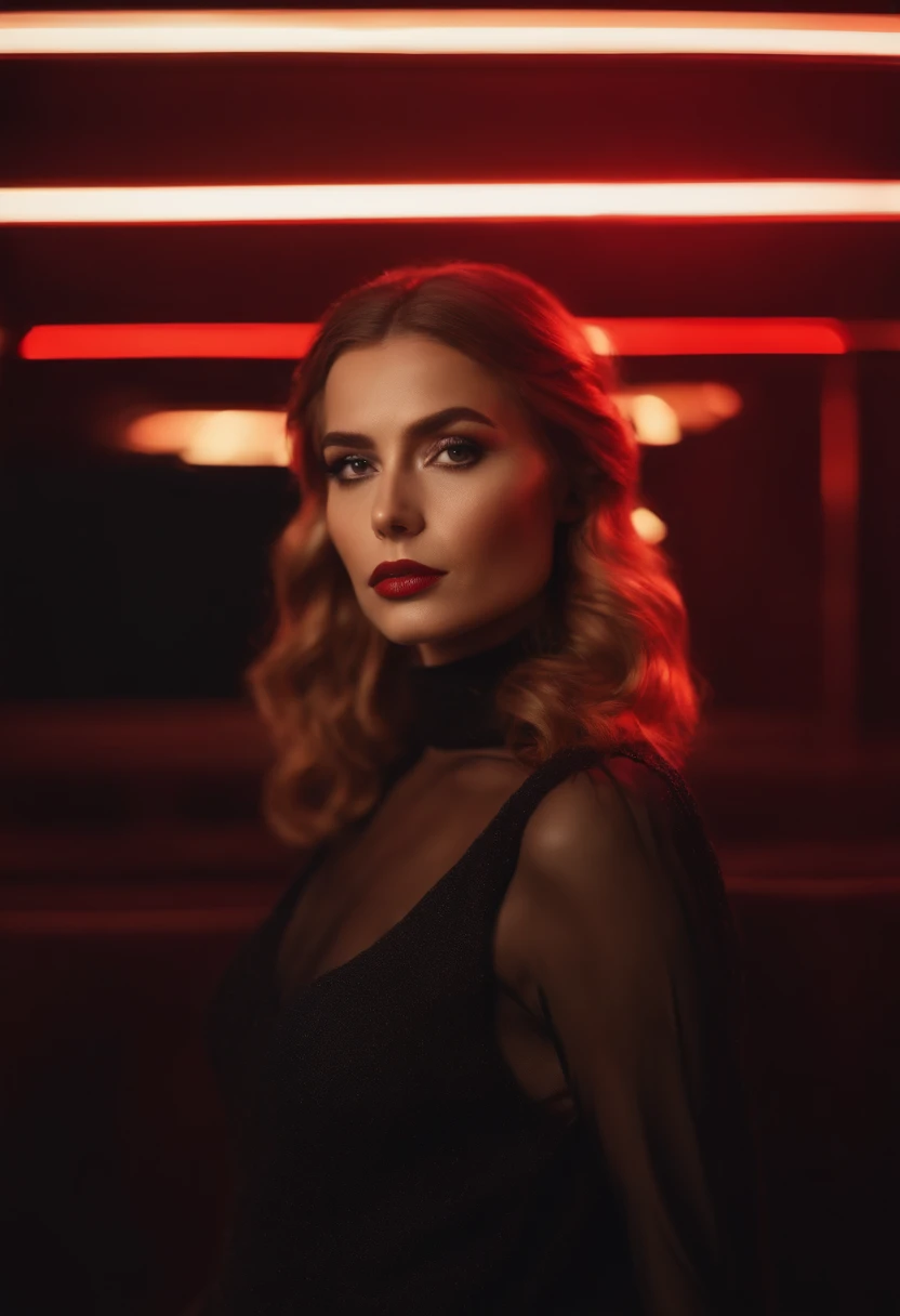 woman with collected hair and flashy makeup, 70s style model pose, turtleneck top, red lights, half length shot, high quality photo, medium shot