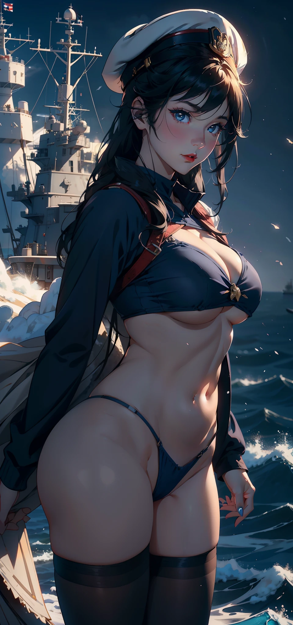 1female，23years old， 独奏，（Background with：the sea，battleships，warships，at winter season，Blizzarding，Ship formation） She has very short black hair，bobo head，Stand on a warship，，seen from the front， hair straight， mostly cloudy sky，（（（tmasterpiece），（Very detailed CG unity 8K wallpaper），best qualtiy，cinmatic lighting，detailed back ground，beatiful detailed eyes，Bright pupils，Blue eyes，（Very fine and beautiful），（Beautiful and detailed eye description），ultra - detailed，tmasterpiece，）），facing at camera，A high resolution，ultra - detailed），Snow-white skin，Redlip，revealing breasts，Bare genitalia，  Bulge，legs are open，Raised sexy，Camel toes，Flushed complexion，Desire for dissatisfaction，frontage，Soviet Navy，Sailor's cap（Wearing：Dark blue sailor uniform，Black pantyhose，Bare breasts）