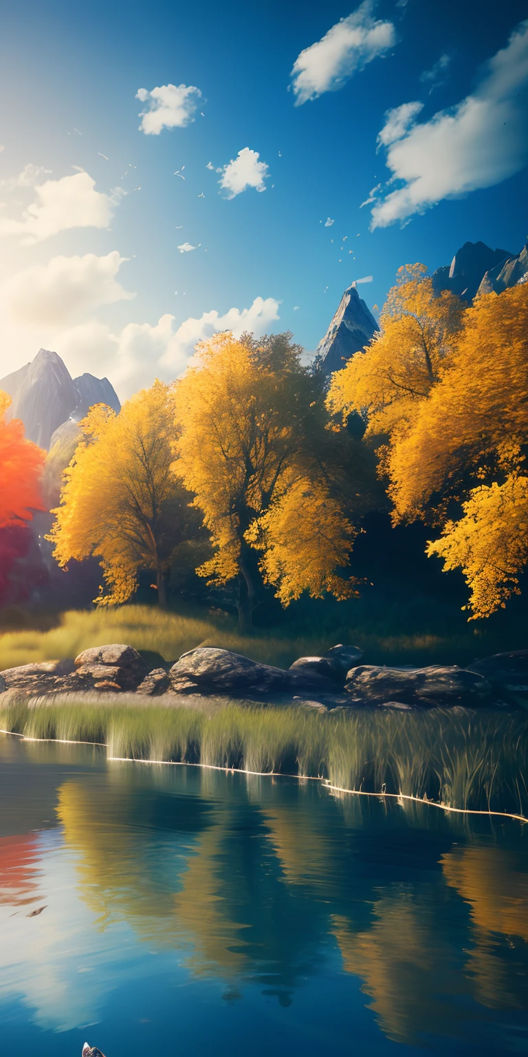 masterpiece, best quality, high quality, extremely detailed CG unity 8k 16:9 wallpaper, scenery, outdoors, sky, cloud, day, no humans, mountain, small birds , lily lake,landscape, water, cherry trees, blue sky, high waterfall, high cliff, nature, lake, river, cloudy sky,award winning photography, Bokeh, Depth of Field, HDR, bloom, Chromatic Aberration ,Photorealistic,extremely detailed, trending on artstation, trending on CGsociety, Intricate, High Detail, dramatic, art by midjourney