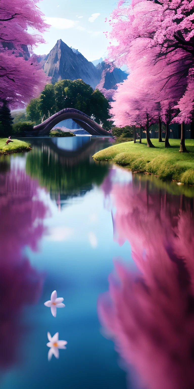 masterpiece, best quality, high quality, extremely detailed CG unity 8k 16:9 wallpaper, scenery, outdoors, sky, cloud, day, no humans, mountain, small birds , lily lake,landscape, water, cherry trees, blue sky, high waterfall, high cliff, nature, lake, river, cloudy sky,award winning photography, Bokeh, Depth of Field, HDR, bloom, Chromatic Aberration ,Photorealistic,extremely detailed, trending on artstation, trending on CGsociety, Intricate, High Detail, dramatic, art by midjourney