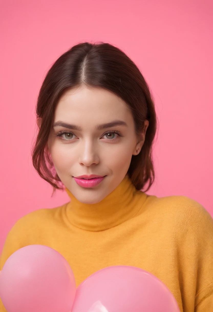A hyperealistic photograph smiling young woman blowing bubble gum up in high heels and yellow sweater against pink background, in the style of patricia piccinini, minimalist backgrounds, flickr, loretta lux, noise photography, emotive faces, daniela uhlig, uhd photo, clean sharp focus, I can't believe how beautiful this is, HDR, upper body