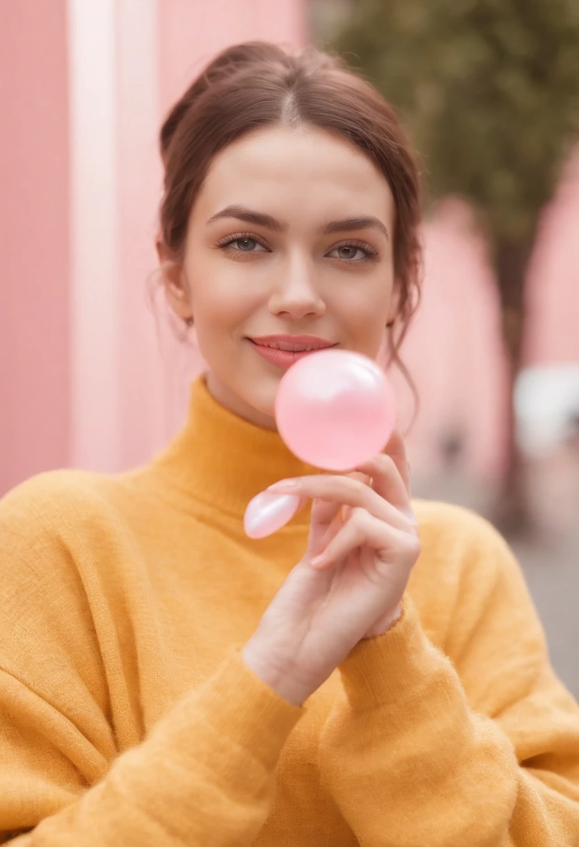 A hyperealistic photograph smiling young woman blowing bubble gum up in high heels and yellow sweater against pink background, in the style of patricia piccinini, minimalist backgrounds, flickr, loretta lux, noise photography, emotive faces, daniela uhlig, uhd photo, clean sharp focus, I can't believe how beautiful this is, HDR, upper body