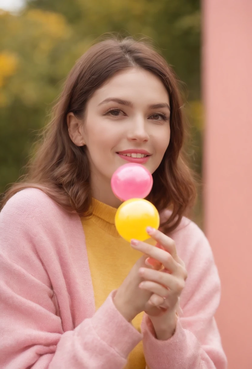 A hyperealistic photograph smiling young woman blowing bubble gum up in high heels and yellow sweater against pink background, in the style of patricia piccinini, minimalist backgrounds, flickr, loretta lux, noise photography, emotive faces, daniela uhlig, uhd photo, clean sharp focus, I can't believe how beautiful this is, HDR, upper body