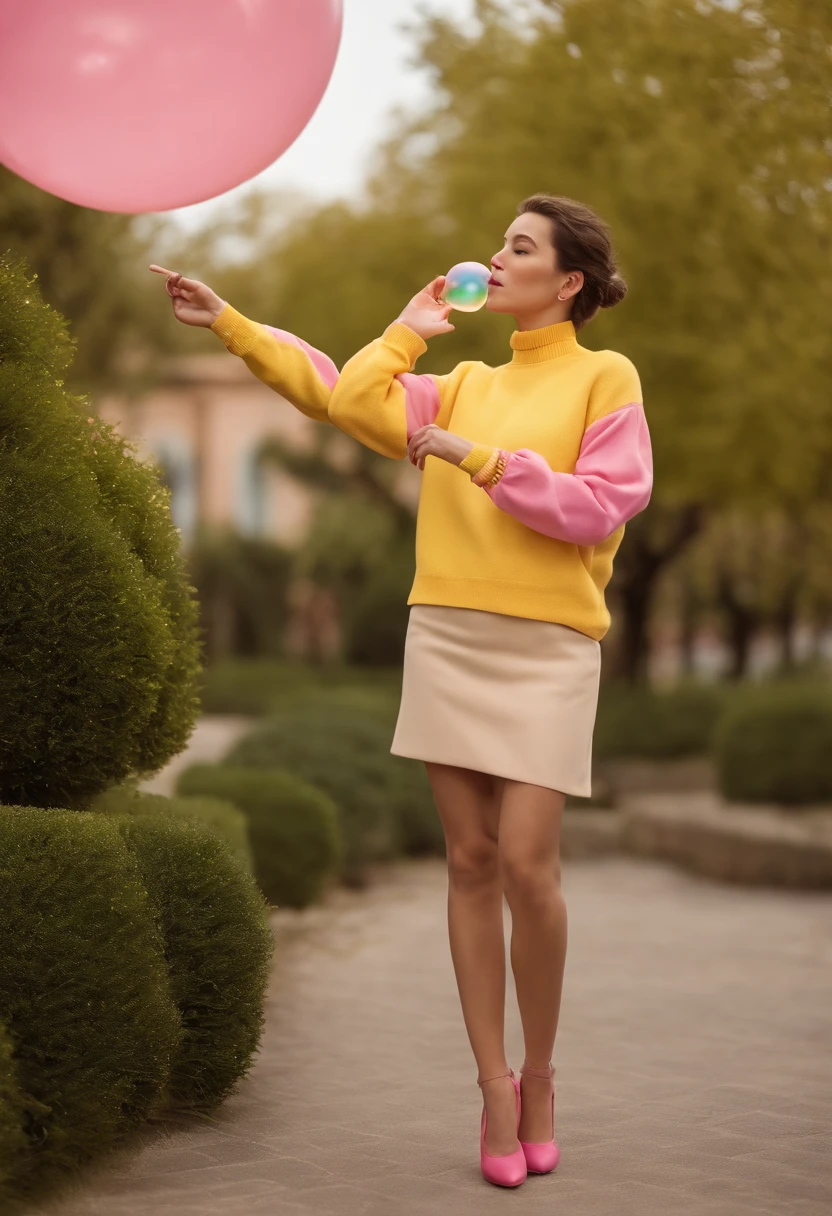 A hyperealistic photograph smiling young woman blowing bubble gum up in high heels and yellow sweater against pink background, in the style of patricia piccinini, minimalist backgrounds, flickr, loretta lux, noise photography, emotive faces, daniela uhlig, uhd photo, clean sharp focus, I can't believe how beautiful this is, HDR, upper body