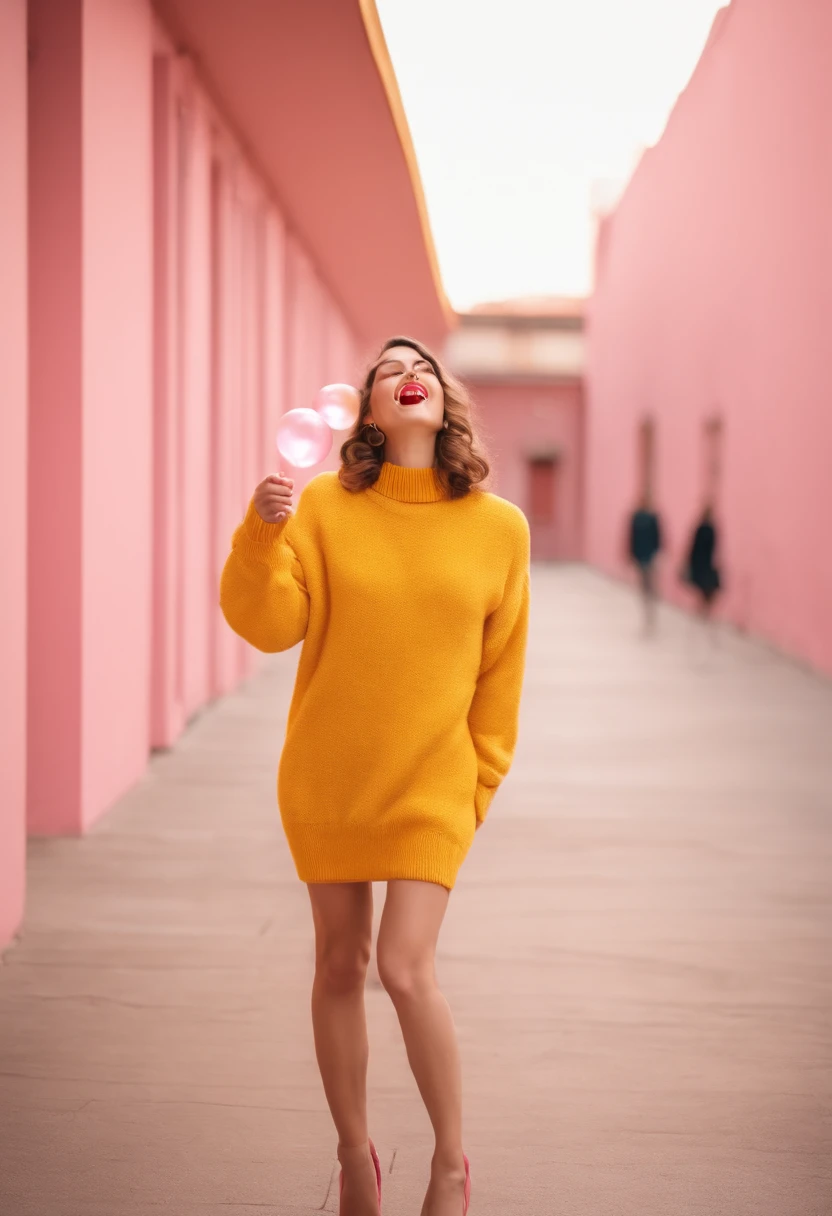 A hyperealistic photograph smiling young woman blowing bubble gum up in high heels and yellow sweater against pink background, in the style of patricia piccinini, minimalist backgrounds, flickr, loretta lux, noise photography, emotive faces, daniela uhlig, uhd photo, clean sharp focus, I can't believe how beautiful this is, HDR, upper body