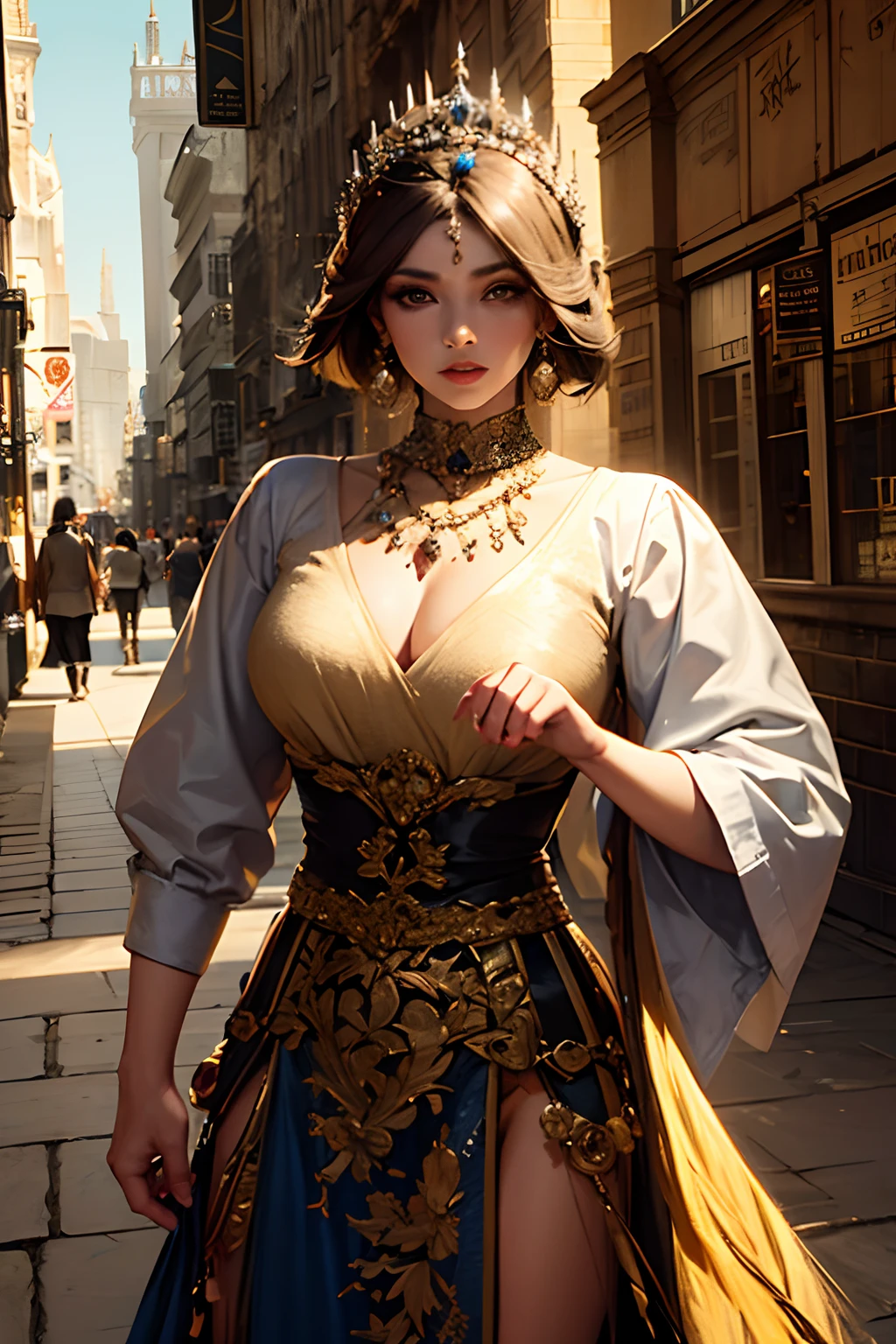 Nobre senhorita de uma antiga dinastia, usando uma tiara em seus cabelos longos e negros, olhos escuros como a noite, trajando vestes antigas Hunfa estilo wuxia, porte esbanjando sensualidade, seios grandes, fabric color is white, Standing she is crossing a road near a staircase of a sect, in his right hand a long-bladed sharp sword, protagonista, muito bonita(cena expressiva, cinematografic, cena detalhada, sob a luz natural da tarde)