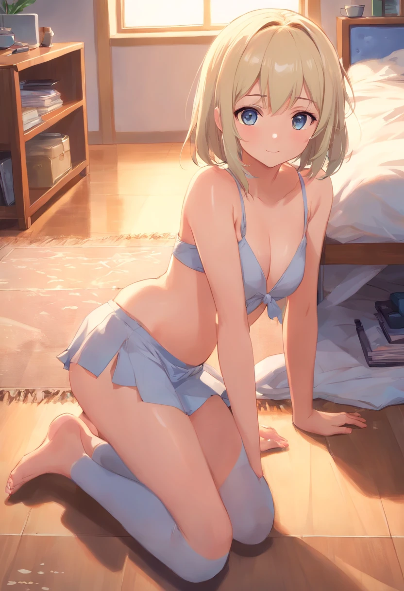 bonito,long, whitish hair,ombros vazados,barefoot,head looking up,Lie down on the floor,Lift your feet,vestidos de turno,calcinha branca,olhos grandes,Anime cara bonito,Lolias brancas longas,masturbation, mostrando a bunda, olhando para o espectador