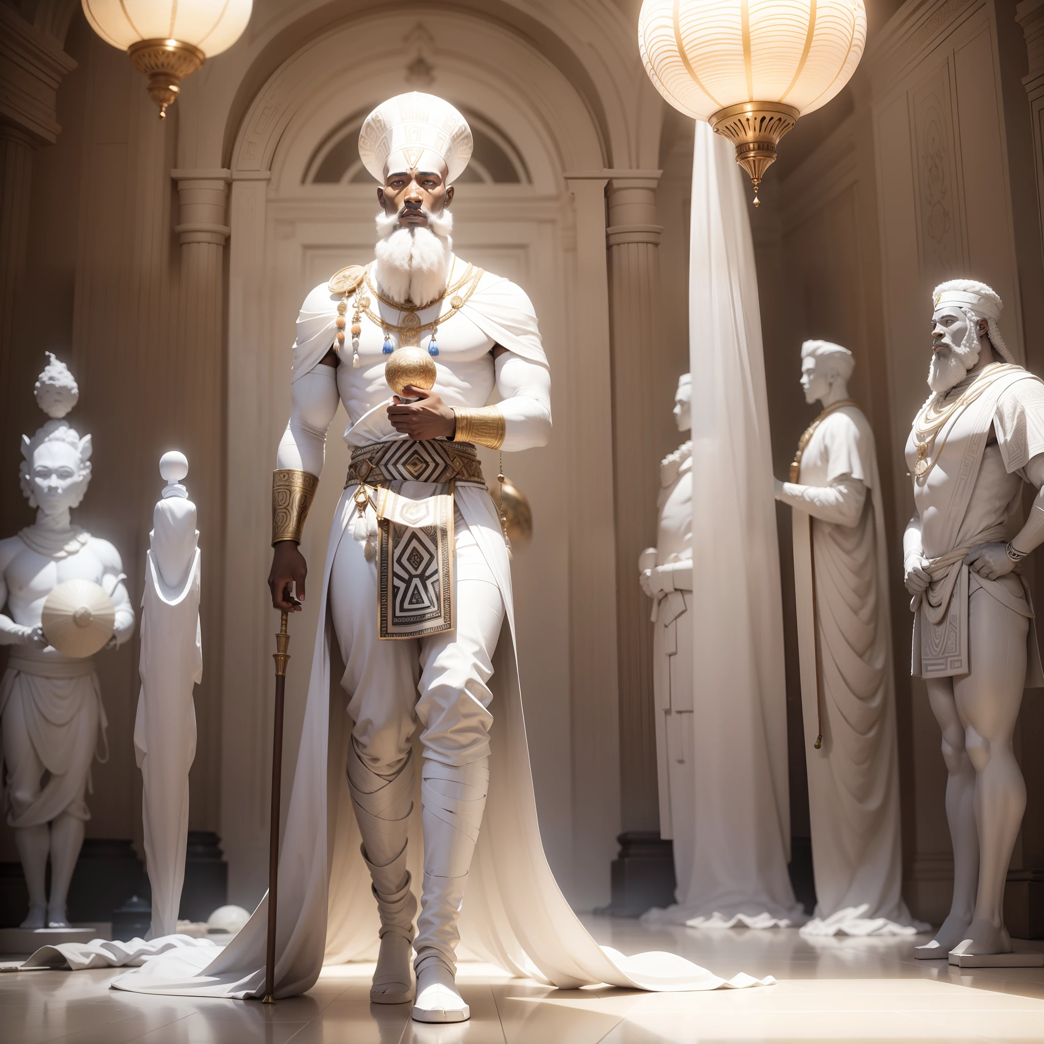 Full body shot of white coloured Giant head sculpture of an African man with African designs on it, in a coloured white African designed room full of African weapons and African instruments, the whole scene in white colour, white smoke in scene, with iridescent light, highly-realistic image, 32k, ultra HD, cinematic lighting, artgerm style