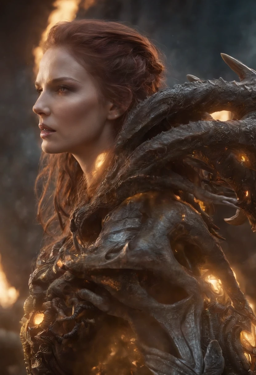 《StarCraft 2》Sarah Kerrigan, the Queen of the Zerg,standing on a pile of corpses,burning sky,Huge bug troops,Grim expression,Light particles,with light glowing,UHD wallpaper