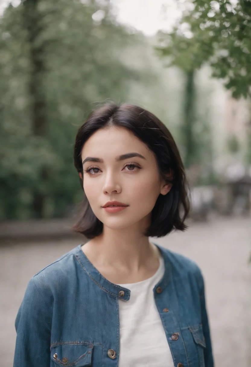a young woman with Short black hair standing outside, in the style of cool,White blouse, baggy denim pants, zeiss planar t* 80mm f/2.8, kodak portra, uhd image, sovietwave, distinct facial features