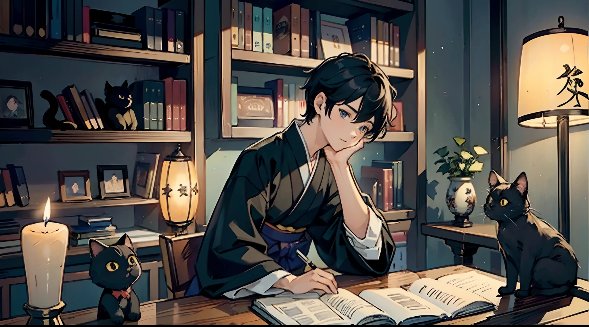#Quality (intricate-detail、ultra-detailliert:1.2,cinematic shot),
#night sky (night landscape, darkness),
#one writing boy (16 male、writer,Honor Students、A dark-haired、short-hair、hakama,sit flat),
#dark room (only one candle,books on desk,pretty tatami,a lot of books,bookshelf,black cat)