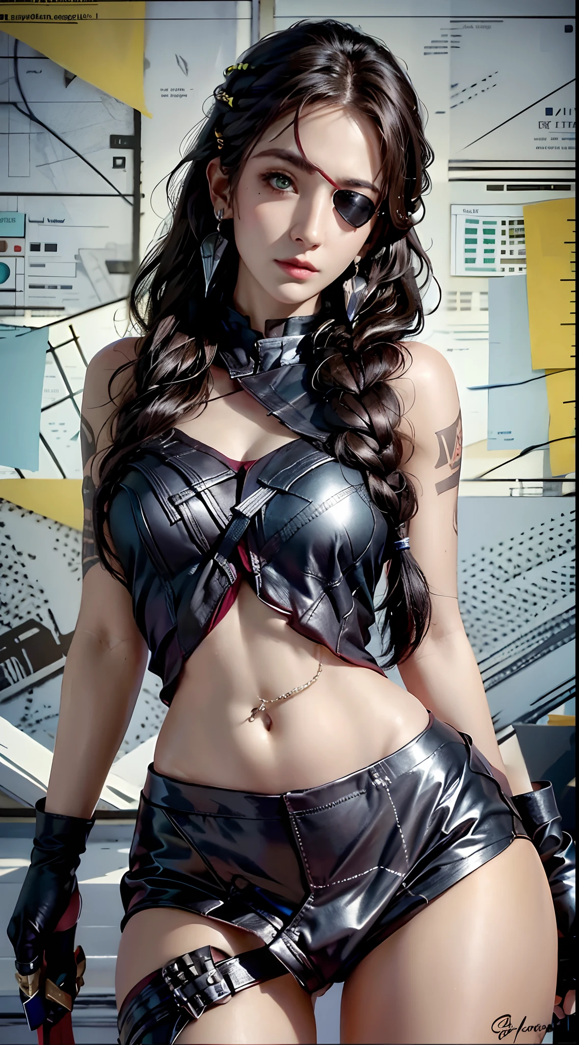 photorealistic, high resolution, 1women, mature female, solo, hips up, look at viewer, (detailed face), tattoo, samira \(league of legends\), eyepatch, earrings, green eyes, braid, long hair, dark skin, gloves, armor, navel, bracelet, lips, mole, mole above mouth, tan skin, desert, right eyepatch, eyepatch on right eye