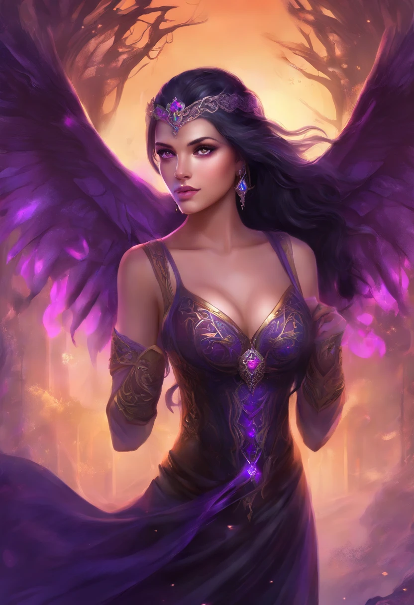 modelshoot style, (extremely detailed CG unity 8k wallpaper), full shot body photo of the most beautiful artwork in the world, beautiful woman, (((vivid purple eyes))), half-elf female wizard, conservatively dressed, modestly dressed, (buttoned up black sleeveless longcoat), (purple sleeves), (tight grey pants), (purple silk scarf), tied back silky shoulder length detailed black hair, (((fully clothed))), (dark gothic makeup), very light brown skin, (enormous breasts), small pointy ears, wide hips, hourglass figure, big booty, beautiful complexion, confident, alluring, gorgeous, Persian, powerful, magical realism, cinematic lighting