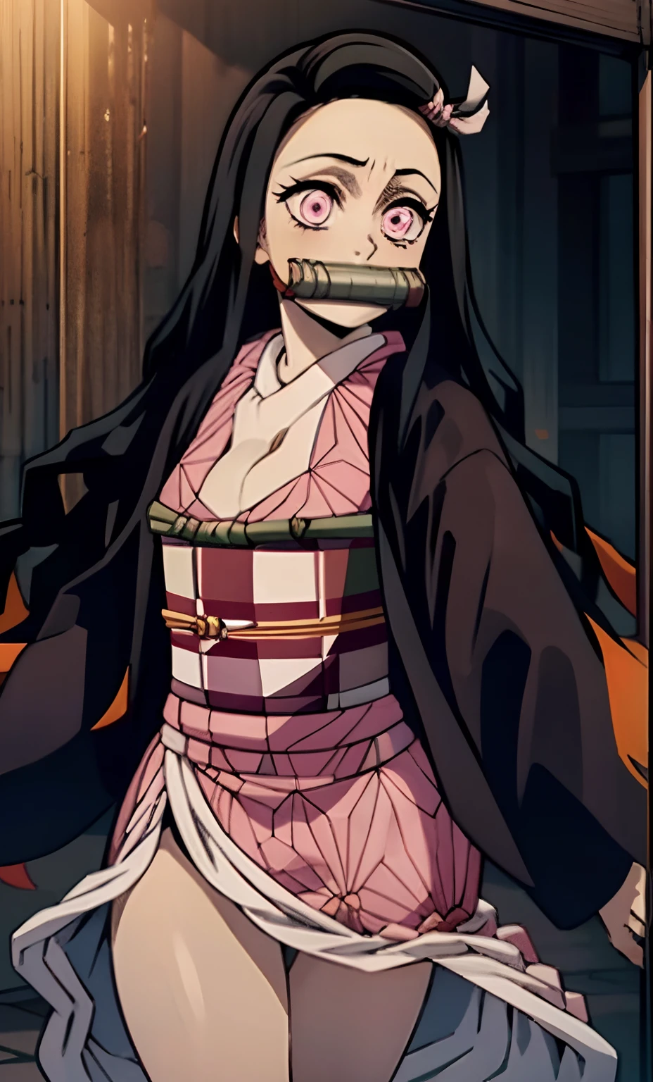 rialistic photo、Real Images、Top image quality、masterpiece, (Pink kimono), seductived faced, Kamado nezuko with horns、Demon Kamado Nezuko、I'm sucking it in my mouth、Adult charm of Kamado Nezuko、The hem is disheveled, revealing white panties.、A sexy、crotch open、blanche、good lighting, beautiful thigh、adult appeal、Adults、Big、cleavage,I can see half of my breasts.、 finely detail, masterpiece,I can see my panties、 radiant eyes, 1girl in, A dark-haired, SUCK, Kamado Nezuko, wisteria background, masterpiece, top-quality, POV,,