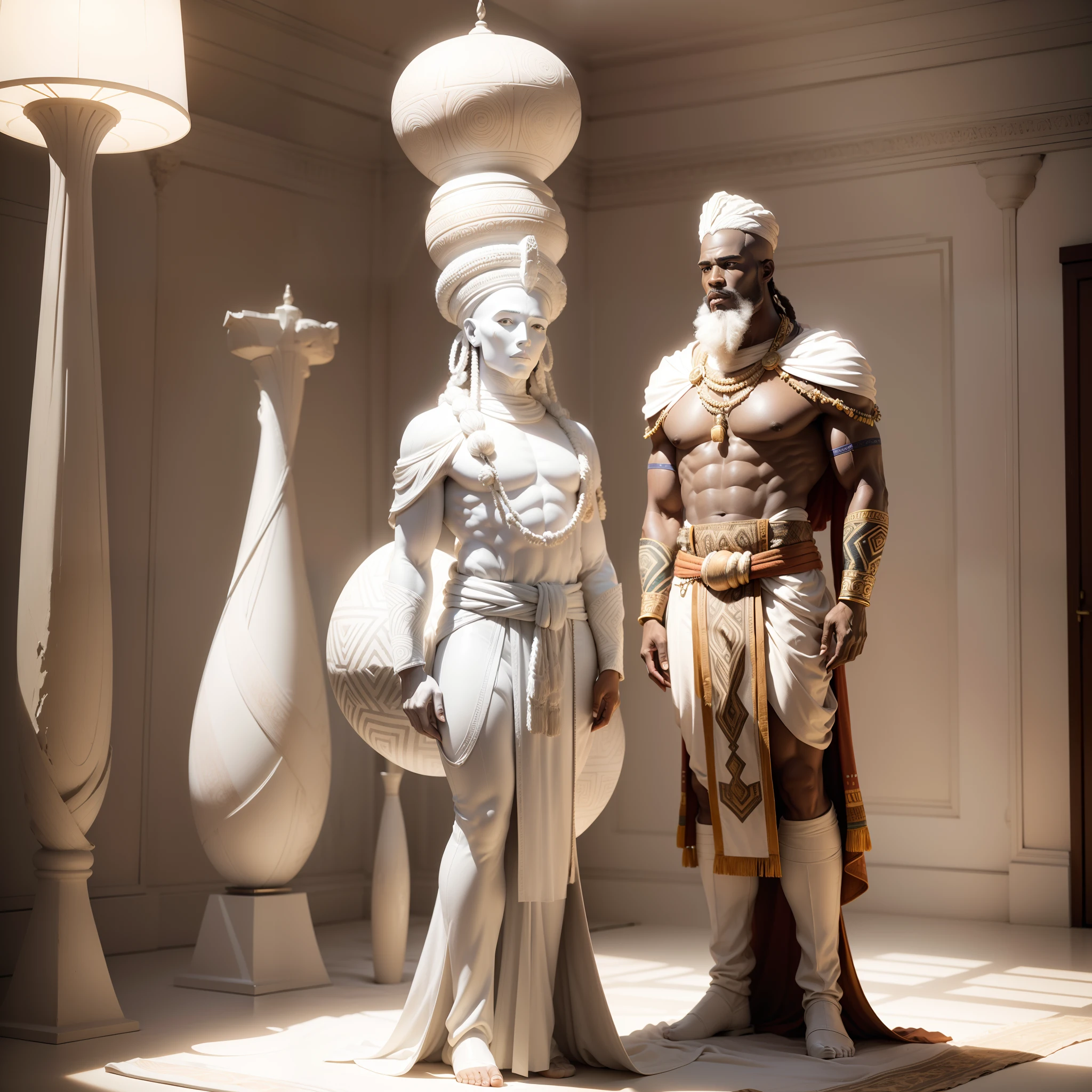 Full body shot of white coloured Giant head sculpture of an African man with African designs on it,  in a coloured white African designed room full of African weapons and African instruments, the whole scene in white colour, white smoke in scene, with iridescent light, highly-realistic image, 32k, ultra HD, cinematic lighting, artgerm style
