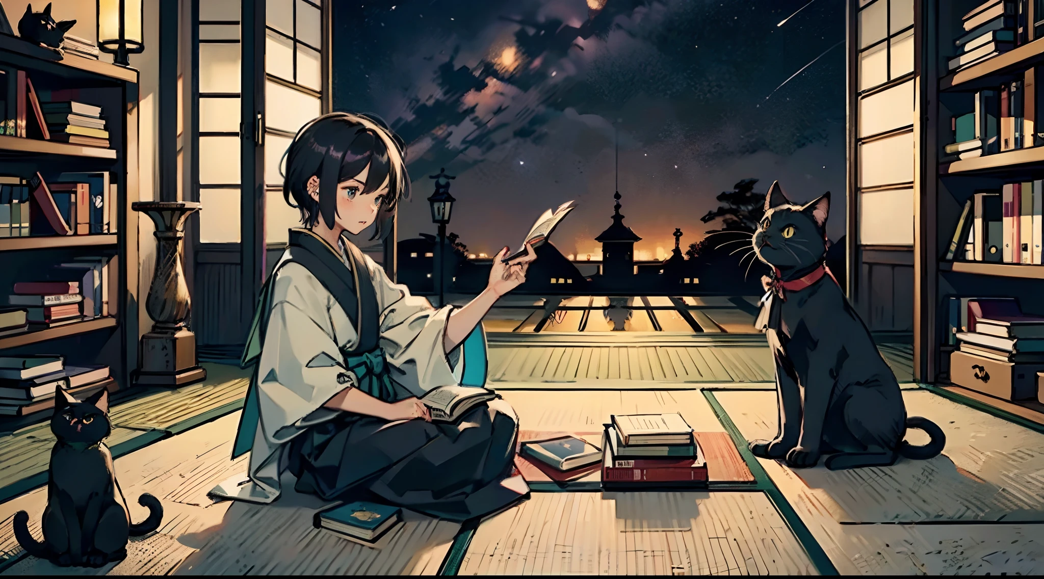 #Quality (intricate-detail、ultra-detailliert:1.2,cinematic shot),
#night sky (night landscape, darkness),
#one writing boy ( male、writer,Honor Students、A dark-haired、short-hair、hakama,sit flat),
#dark room (only one candle,books on desk,pretty tatami,a lot of books,bookshelf,black cat)