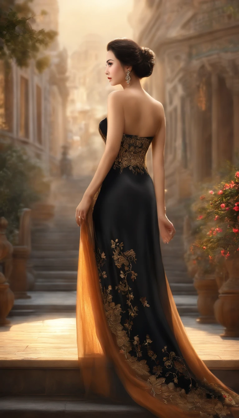 Masterpiece, Best quality, (Photorealistic:1.4), full bodyesbian, (dress:1.1)（evening formal robes：1.1）（Wisps 1.1）（Embroidered seedling edge Q1.1） view over city, Cinematic light, Beautiful woman, ((From any direction)), sport, Large breasts, Black hair,Chinese face， rim, Detailed dress,