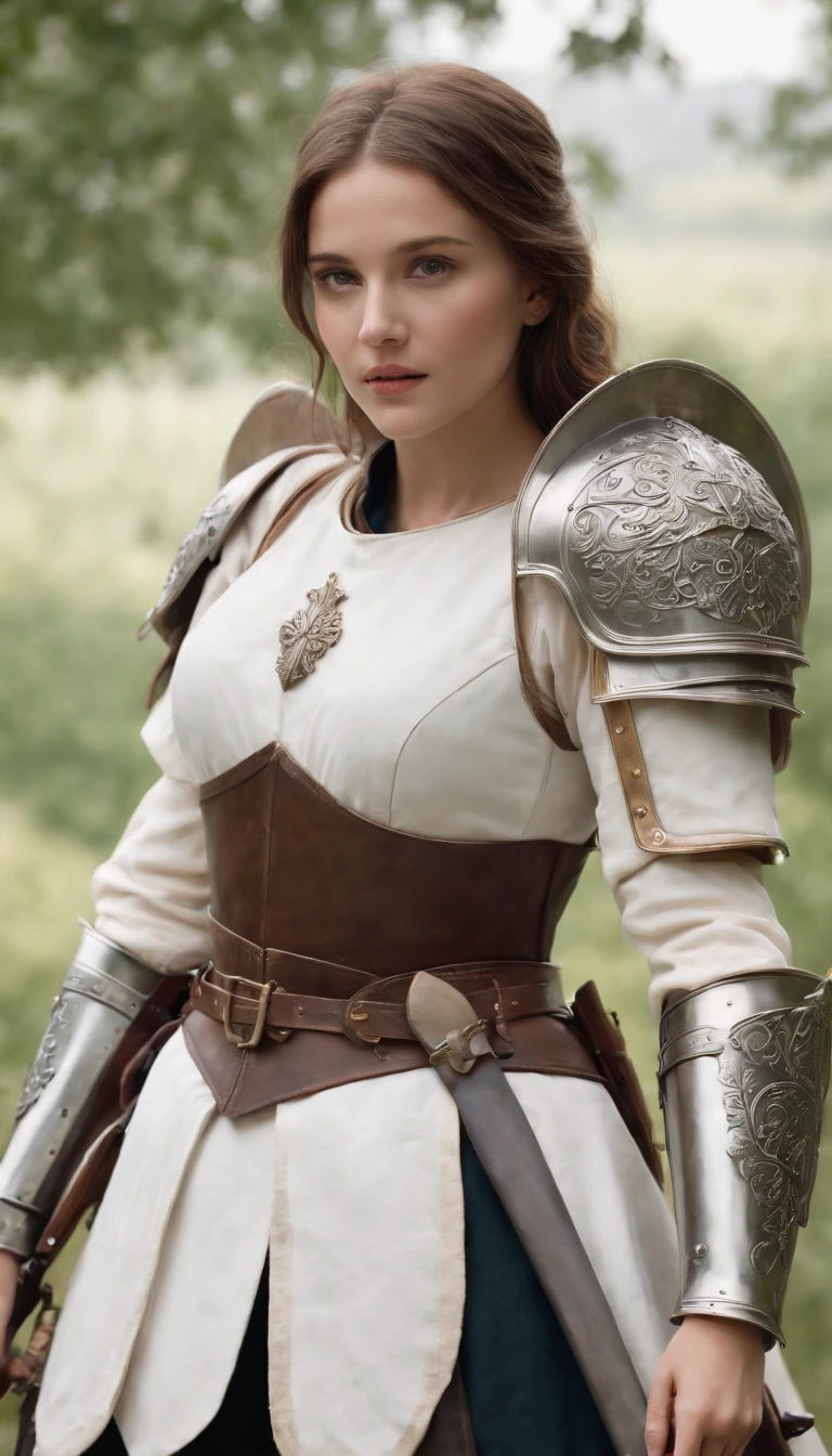((masterpiece)), (((best quality))), ((ultra-detailed)), ((illustration)),[realism light effect],shadow,A female knight，armour，giant sword，noble，Shine with light，(white backgrounid:1.5)