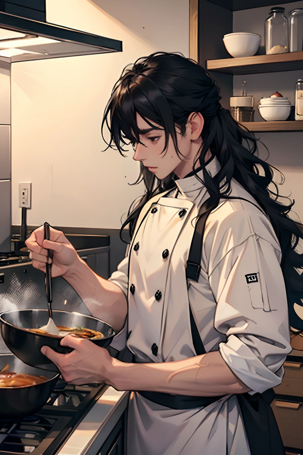 marco piere white, rage, black wavy hair, cooking in bussy restaurant kitchen