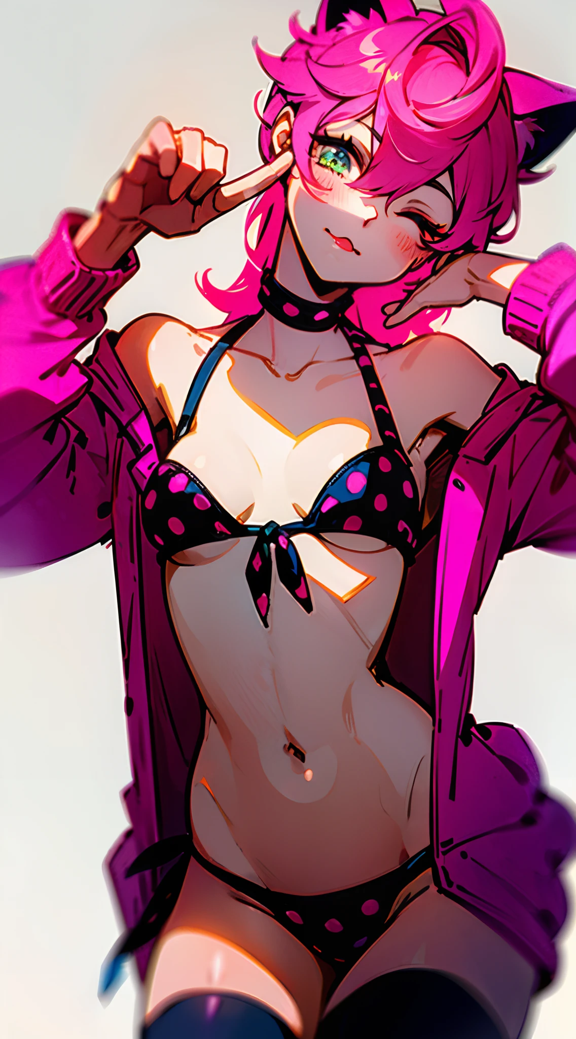 trishuna, trishjojo, trish jojo, trish una, pink hair, green eyes, pink lipstick, full lips, absurdres, absolutely resolution, incredibly absurdres, highres, ultra detailed, official art, unity 8k wallpaper, Kinetic Typography
BREAK
(1girl, solo:1.4), (loli, child, cute, kawaii), dynamic poses, dynamic angle, cowboy shot, upper body
BREAK
smile, blush, looking at viewer, (peace symbol, fingers to cheeks:1.2), (head tilt, model posing:1.4), tongue out, one eye closed
BREAK
animal ears, animal ear fluff, cat ears, long hair, very long hair, pink hair, hair between eyes, bangs, blue eyes, breasts, small breasts, navel, closed mouth, hands up, groin, collarbone, coquettish skin
BREAK
open clothes, open shirt, open jacket, (pink jacket:1.4), shirt, pink shirt, sleeves past wrists, long sleeves, off shoulder, bare shoulders BREAK swimsuit, polka dot, bikini, micro bikini, (lowleg bikini ,polka
dot
bikini , pink bikini,:1.4) (tie_side, string bikini:1.2)
BREAK
thighhighs, white thighhighs, thigh gap, skindentation
BREAK
white background, simple background
BREAK
nice hands, perfect hands,