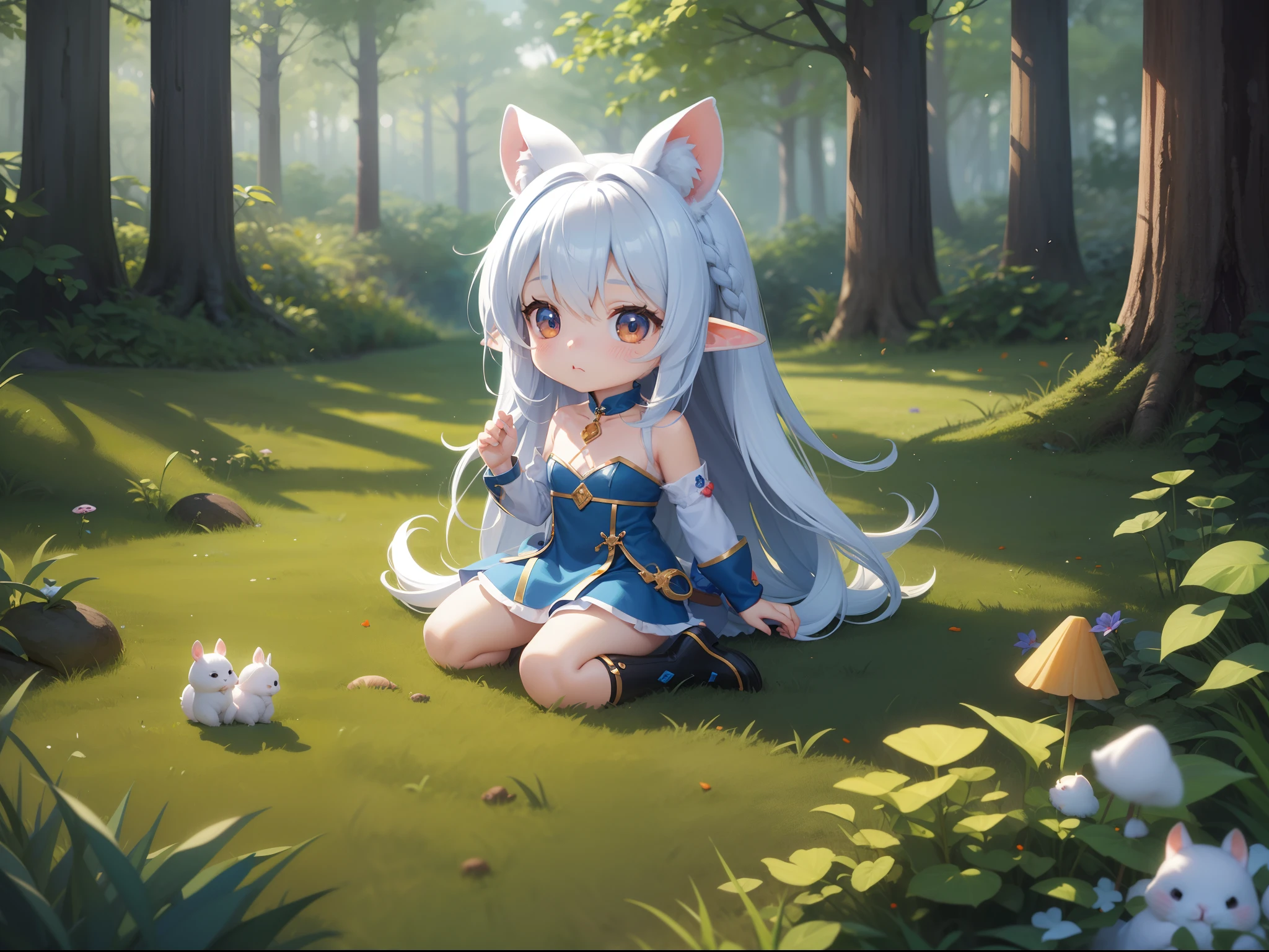 There are small white rabbits with carrots and long ears, White long ears、I'm with a girl with long blue hair and a chibi character。It is a cute costume in white and blue。Dark eyes。cute forest creature, Cute mushrooms also grow、Adorable Digital Painting, cute detailed digital art, the squirrel king, Cute digital art, cute cartoon characters, cute character, CuteCreatures, Cutie, official illustrations, Official art, squirrel, maplestory mouse, astri lohne, cute 3d render