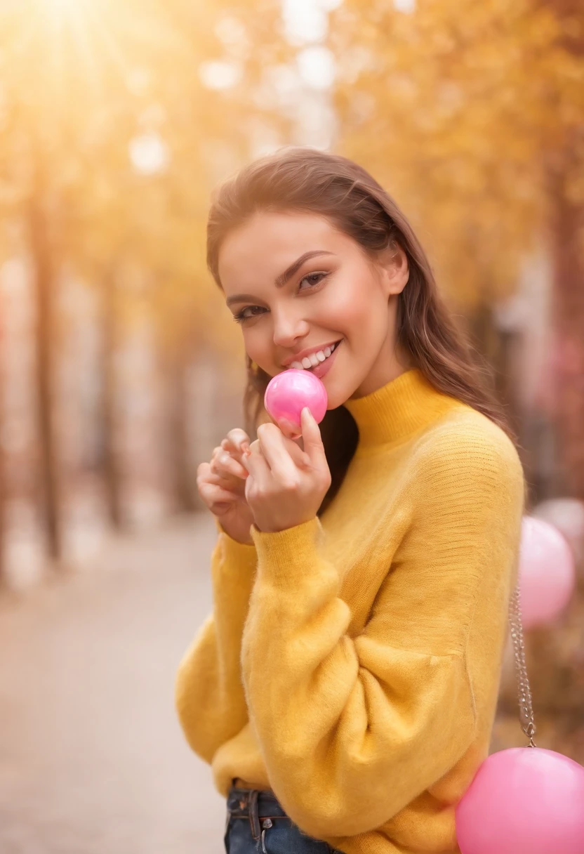 A hyped realistic photo of smiling young woman blowing bubblegum on pink background of high heels and yellow sweater, In the style of Patricia Piccini, minimalistbackground, Flickr, loreta lux, Noise photography, emotive faces, Daniela Ullig, ultra hd photo, clean sharp focus, I can't believe how beautiful this is, hdr, Upper body