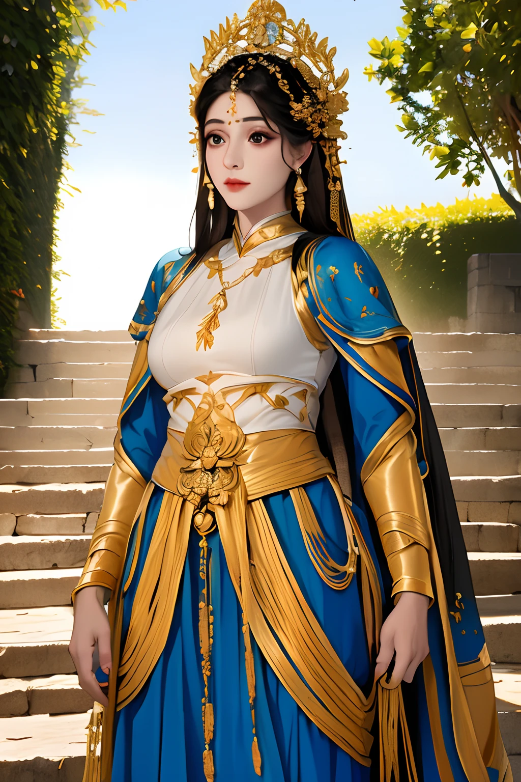 Nobre senhorita de uma antiga dinastia, usando uma tiara em seus cabelos longos e negros, olhos escuros como a noite, trajando vestes antigas Hunfa estilo wuxia, porte esbanjando sensualidade, seios grandes, fabric color is white, Standing she is crossing a road near a staircase of a sect, in his right hand a long-bladed sharp sword, protagonista, muito bonita(cena expressiva, cinematografic, cena detalhada, sob a luz natural da tarde)