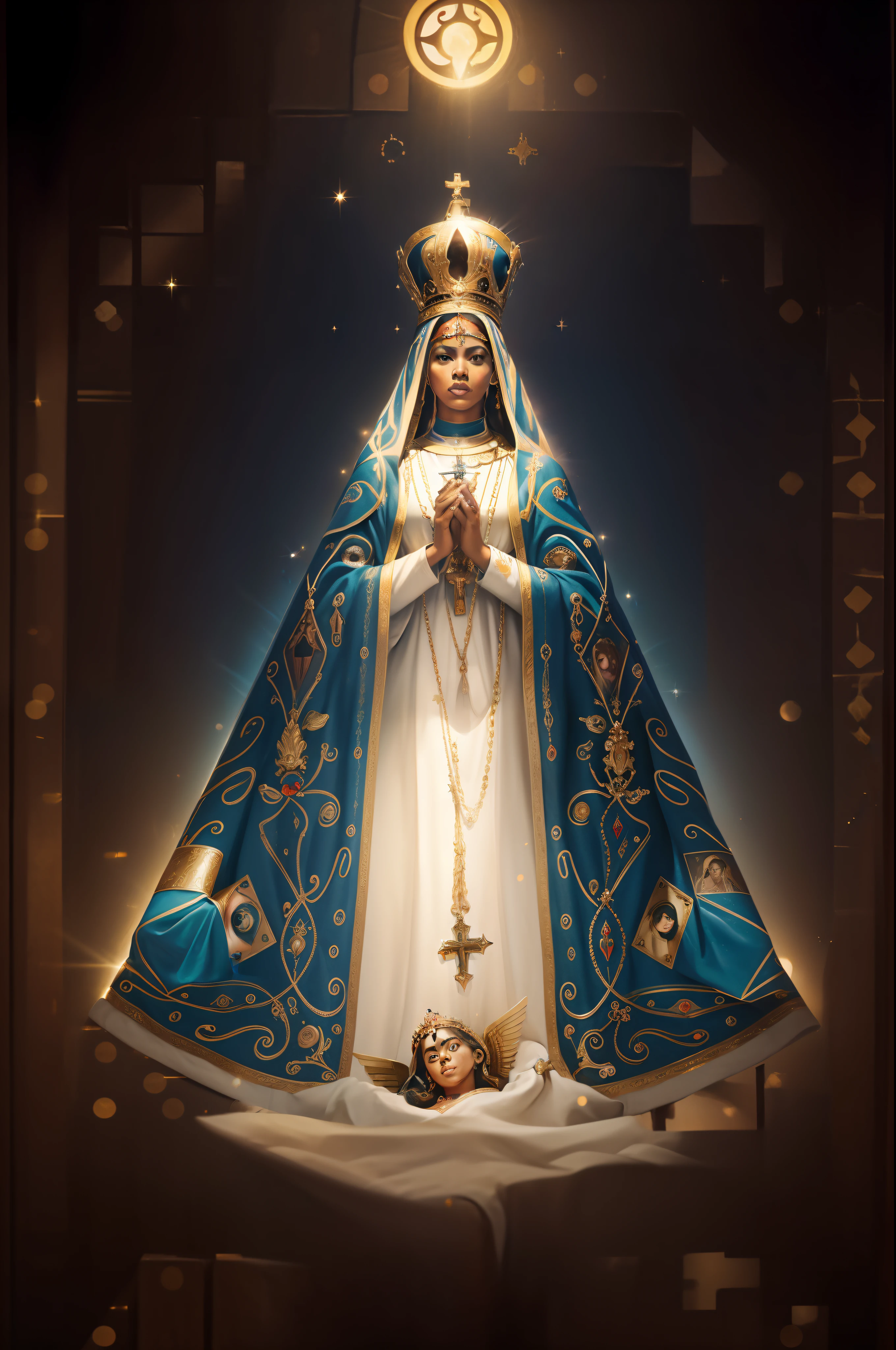 Uma pintura da Virgem de Guadalupe, queen of heaven, padroeiro do 🛸🌈👩🏾, jayson tatum as mother mary, majestosa mulher de santo, Virgem Maria, catholic icon, Catholic, santa mulher, Holy, imagem do avatar, Directed by: Derek Zabrocki, roman catholic icon, Iconografia religiosa, beyonce as the pope, Directed by: Nikita Veprikov, religión