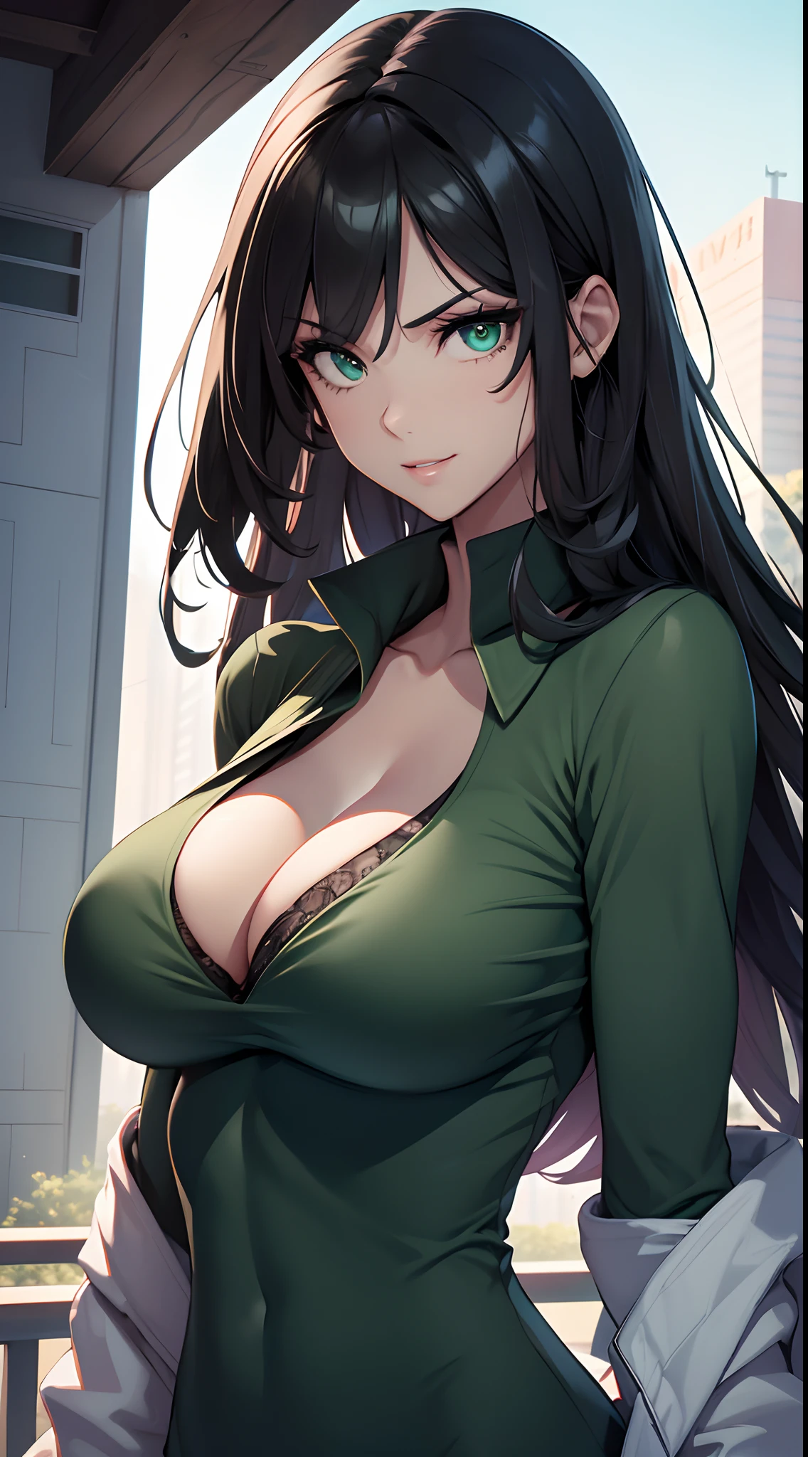 （best qualtiy，8K，32K，tmasterpiece，hyper HD：1.3），1个Giant Breast Girl，perfect bodies，Super detailed face，Bust photo，Large breasts，Black hair，Green clothes，upperbody closeup，ssmile，looks into camera，cleavage