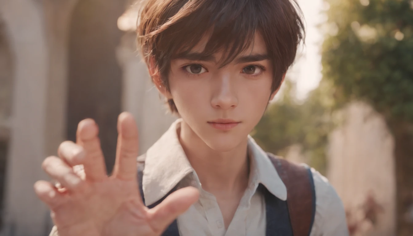 Anime boy calling a girl by his hand gestures from her back