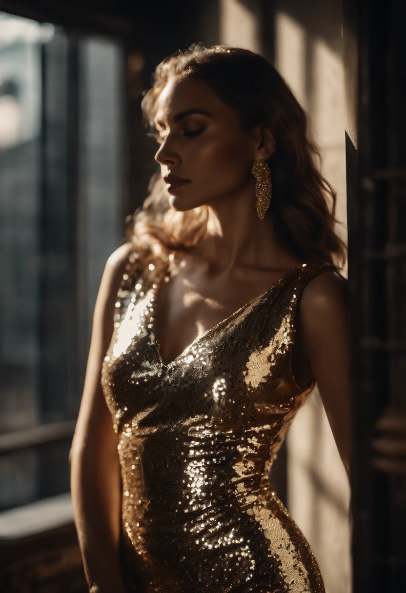 woman in shiny sequin dress, silver and gold color, 90s style, half length shot, side light, high quality photo, cowboy shot