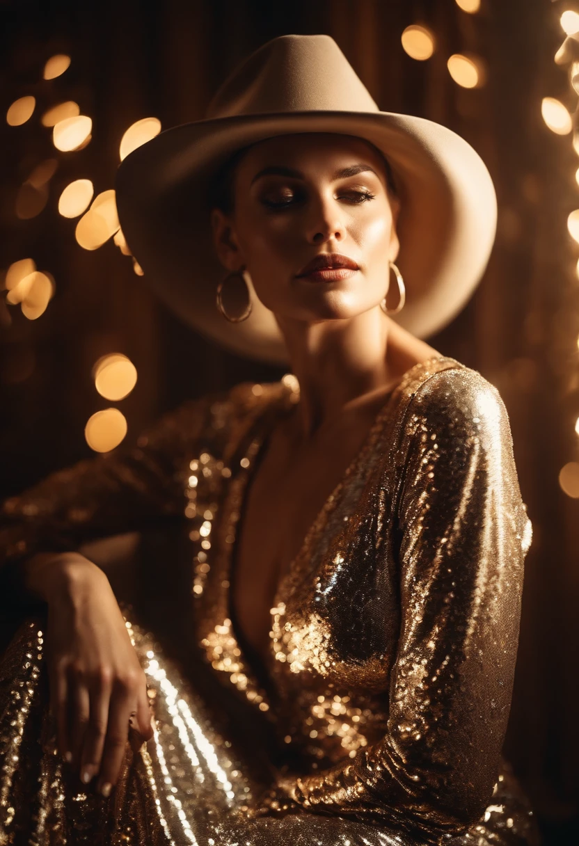 woman in shiny sequin dress, silver and gold color, 90s style, half length shot, side light, high quality photo, cowboy shot