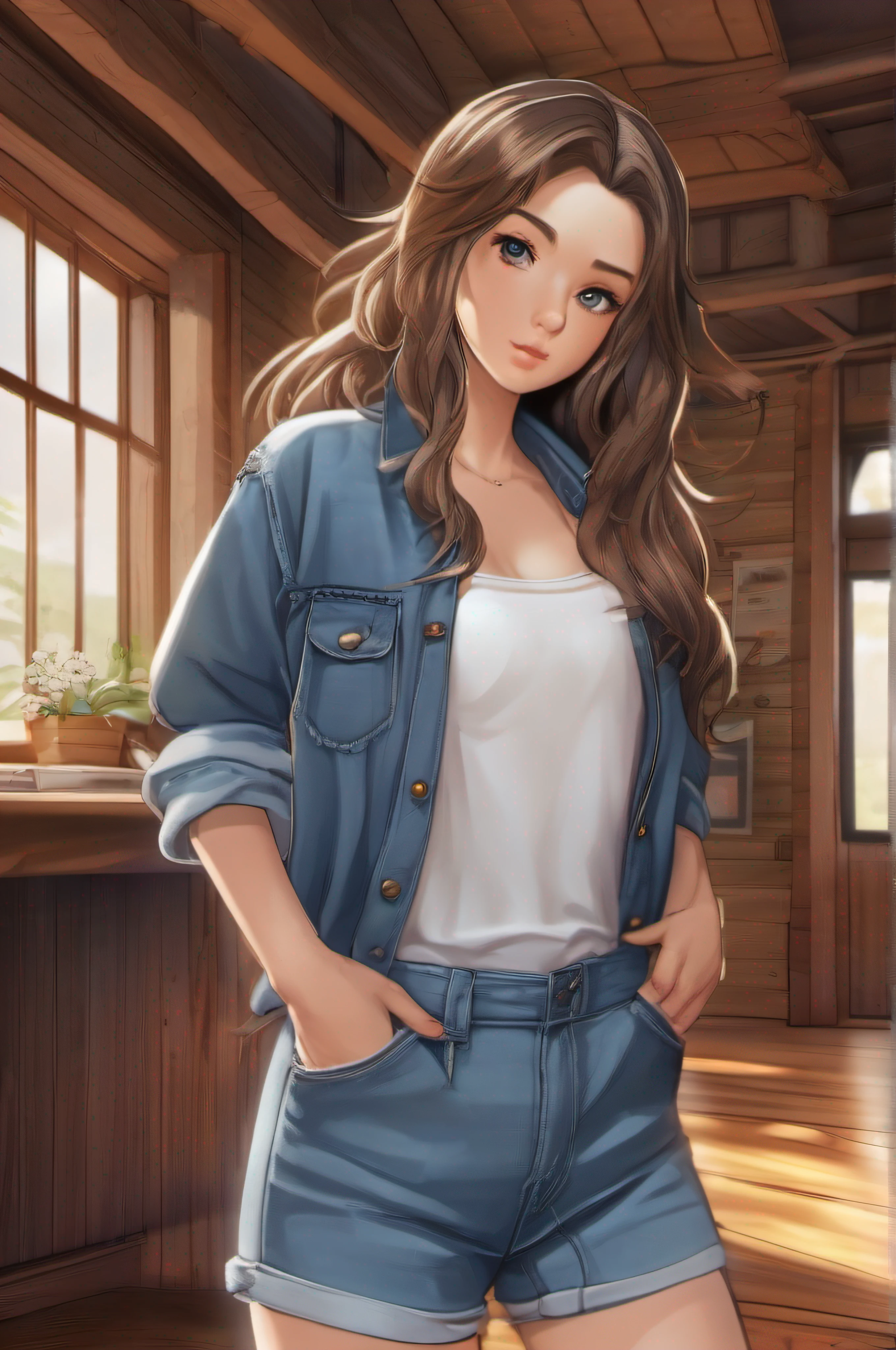 desenha para mim uma jovem menina com cabelo preto logo liso, olhos castanhos claros grandes, wearing a denim jumpsuit and a white T-shirt, Standing in a well-lit wooden room, no estilo anime realista, 8k, muito detalhado