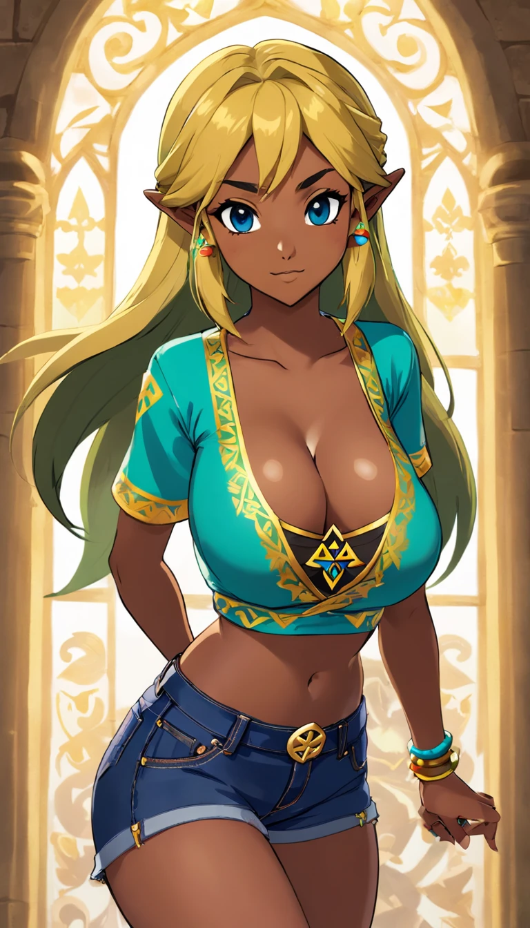 Bigboobs, Crop top, Chest window, big assa, Extra-short jeans, Light black skin,cleavage