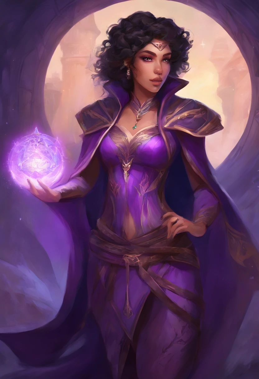 Dnd character portrait, (((purple eyes))), half-elf female wizard, black coat, purple sleeves, tight grey pants, purple silk scarf, black hair, (dark gothic makeup), very light brown skin, (enormous breasts), small pointy ears, wide hips, hourglass figure, big booty, (Persian)