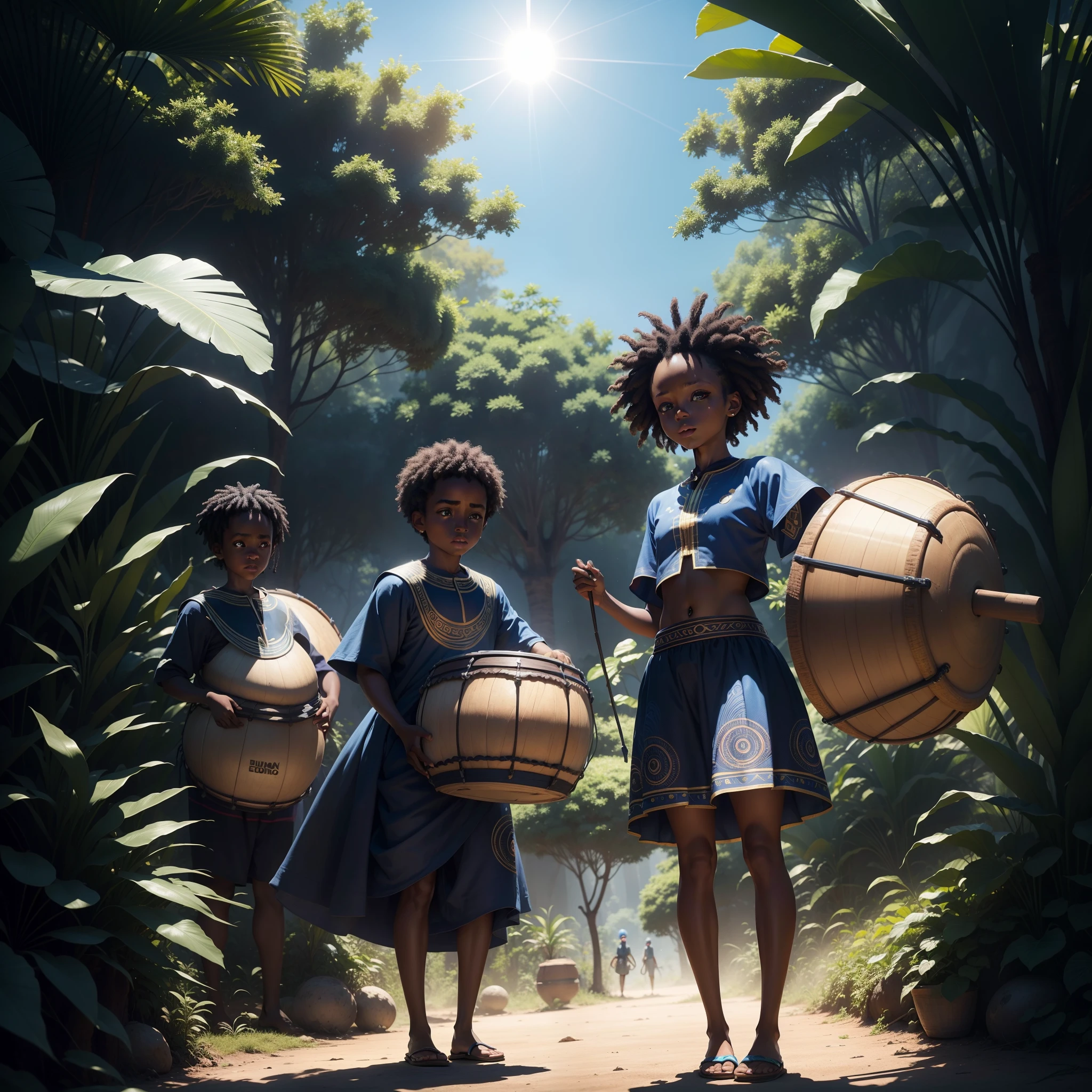 Black children dressed in african designed clothes, drumming on african designed drums, jungle in the background, blue moon in the sky shining blue light in the scene, with iridescent light, highly-realistic image, 32k, ultra HD, cinematic lighting, artgerm style