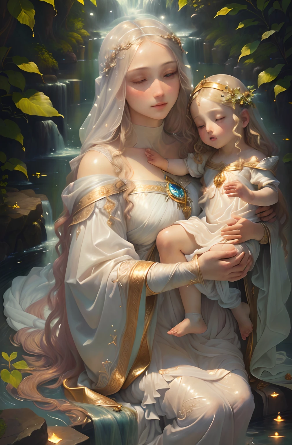 marble maiden statue, multiple statues, monochrome statue, detailed face, detailed eyes, long eyelashes, long hair, delicate hair, dark exhibition room, masterpiece, very delicate, very detailed, Artistic, Sculptural works, Spotlight, 電球色のSpotlight, Enhance contrast, Smoke underfoot, highest quality, best image quality