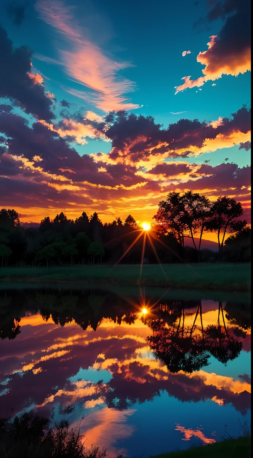 there is a beautiful sunset with a lake and trees in the background, colorful skies, surreal colors, colorful sunset, colorful sky, marvellous reflection of the sky, stunning sky, dream like atmosphere 8k, colorful clouds, colors reflecting on lake, surreal sky, red and blue reflections, fire reflection, beautiful sky, beautiful and spectacular dusk, beautiful dreamy landscape, amazing sky
