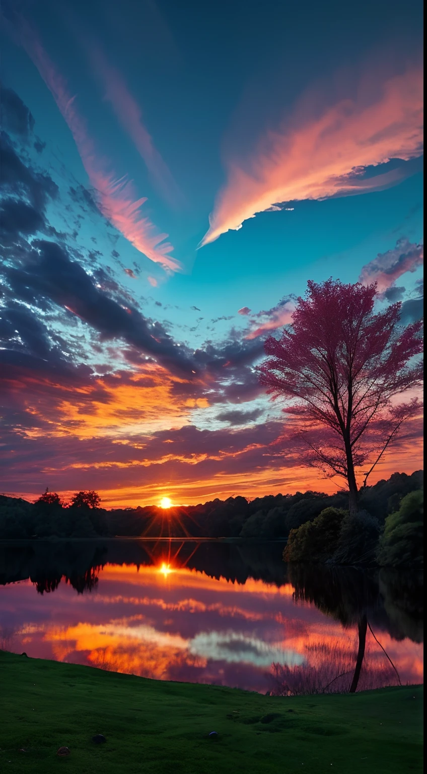 there is a beautiful sunset with a lake and trees in the background, colorful skies, surreal colors, colorful sunset, colorful sky, marvellous reflection of the sky, stunning sky, dream like atmosphere 8k, colorful clouds, colors reflecting on lake, surreal sky, red and blue reflections, fire reflection, beautiful sky, beautiful and spectacular dusk, beautiful dreamy landscape, amazing sky