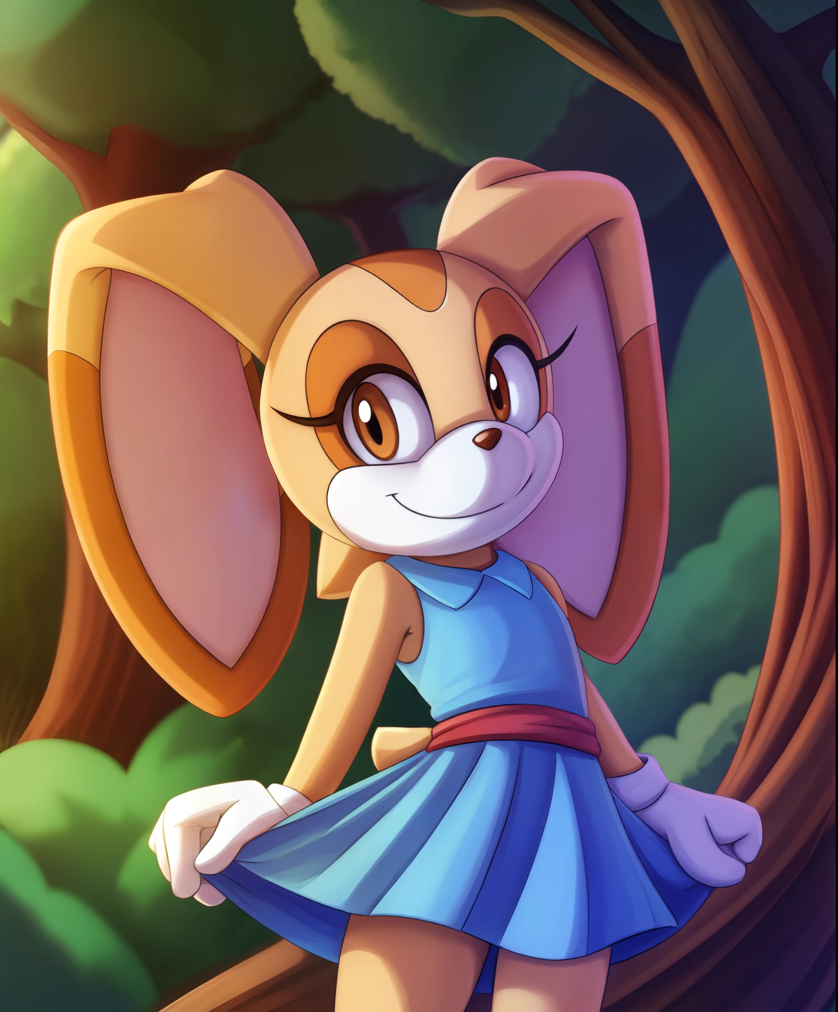 best quality, ((anthro, furry)), cream the rabbit, anthro, blue dress, smile, forest background,