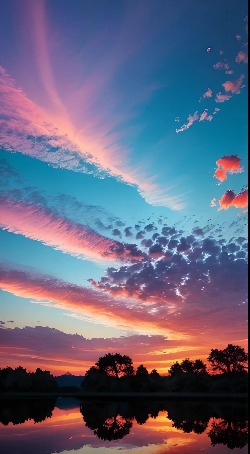 there is a beautiful sunset with a lake and trees in the background, colorful skies, surreal colors, colorful sunset, colorful sky, marvellous reflection of the sky, stunning sky, dream like atmosphere 8k, colorful clouds, colors reflecting on lake, surreal sky, red and blue reflections, fire reflection, beautiful sky, beautiful and spectacular dusk, beautiful dreamy landscape, amazing sky