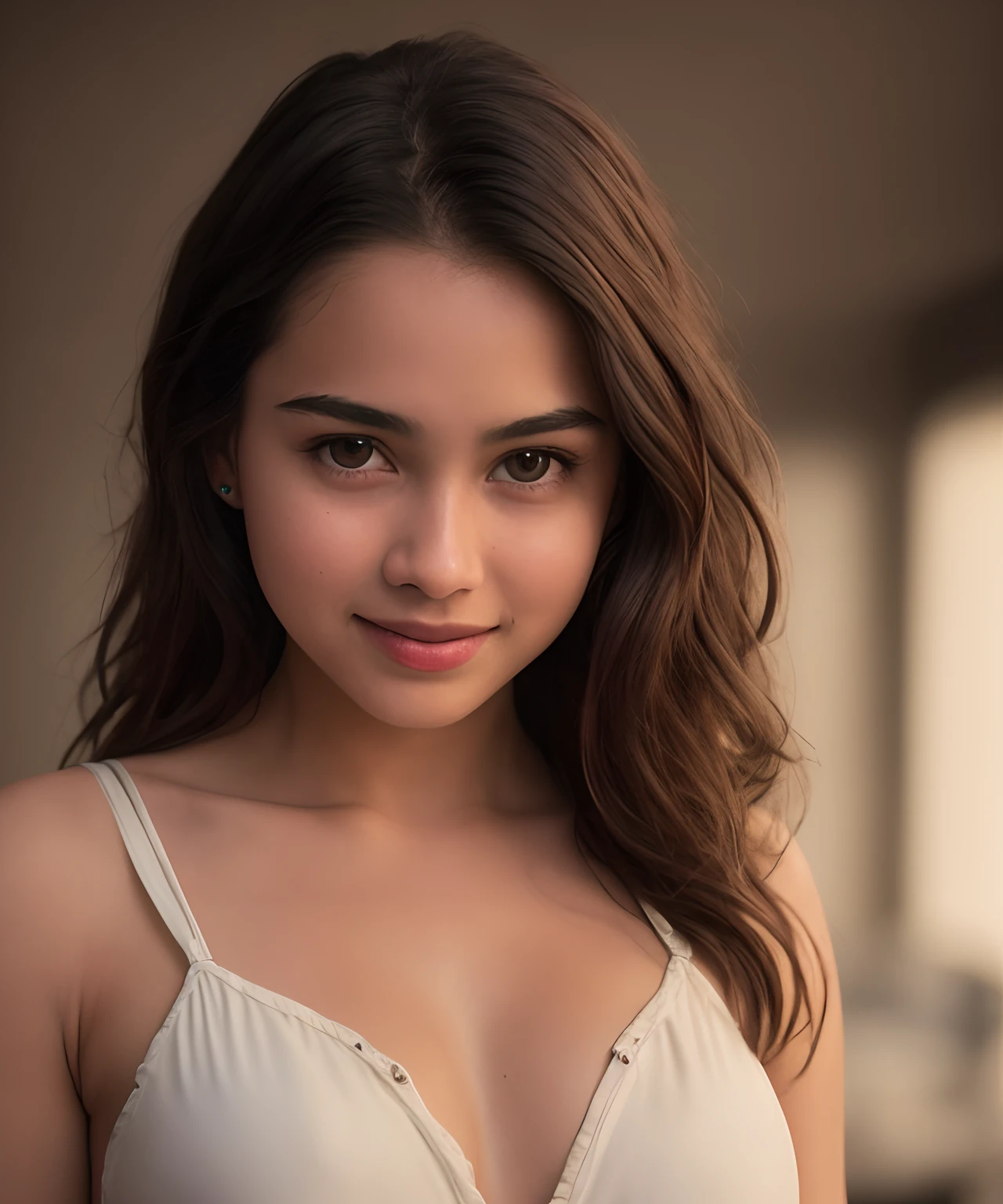Girl name Maya she 23 years old, she is Indonesian girl, has an charming oval face,with glowing skin, tall body, and perfect shape, and a friendly smile. Her brown eyes often sparkle, messy hair , cinematic shot, dynamic lighting, 75mm, Technicolor, Panavision, cinemascope, sharp focus, fine details, 8k, HDR, realism, realistic, film still, superb color grading, depth of fiell