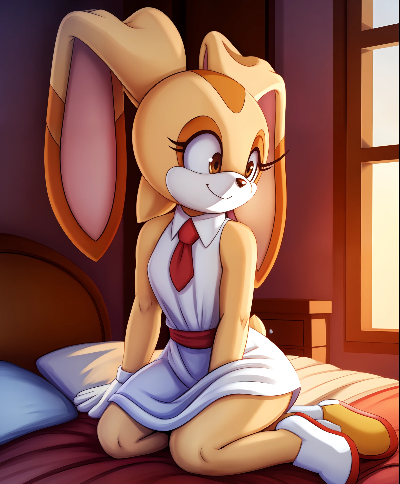 best quality, ((anthro, furry)), cream the rabbit, anthro, white dress, bedroom,