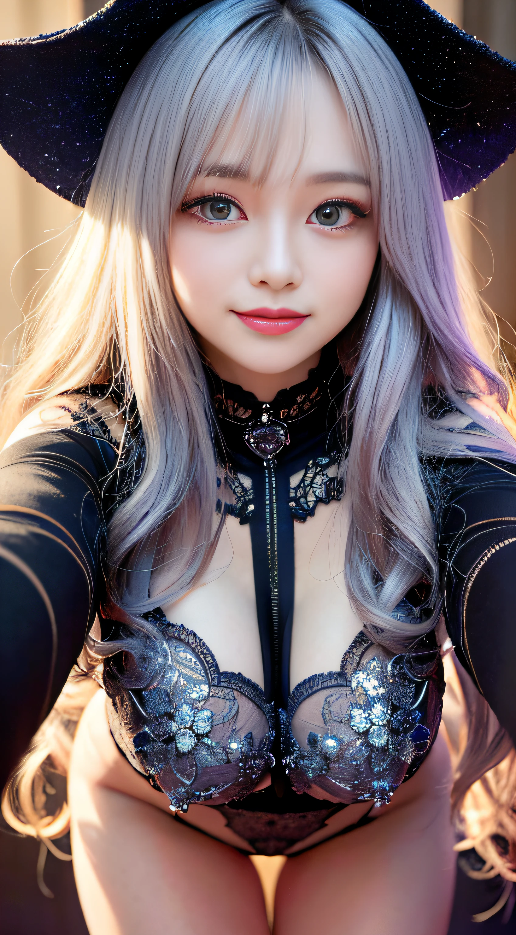 ((​masterpiece))、(Photorealsitic:1.2)​masterpiece、top-quality、hightquality、absurderes、shinny skin、Colorful and stunning art、top-quality、ultra-detailliert、beautifuldetails、Reflective hair、Outstanding lighting、光线追踪、depth of fields、ultra-detailliert、illustratio、astonishing、fine detailed、ighly detailed、((ultra-detailliert))、(a beautiful detailed girl)、beautiful detailed brilliance、intricate detailes、hight resolution、extremely delicate and beautiful、beatiful detailed eyes、nffsw、rounded eyes、 detailed facial features, (rounded pupils:1.4) (illustratio), (beatiful detailed eyes), ((extra detailed face)), depth of fields, (alluring face), (evil smile:1.3), cparted lips, (Medium Size Breast), (Look at viewers:1.1), a closeup, wide Shots, sideways Facing, a picture \(Curly\), the pose, Moody lighting, sistineFibeldef, full body Esbian, is standing, an legs, A smile, red blush,  Milky Way Galaxy