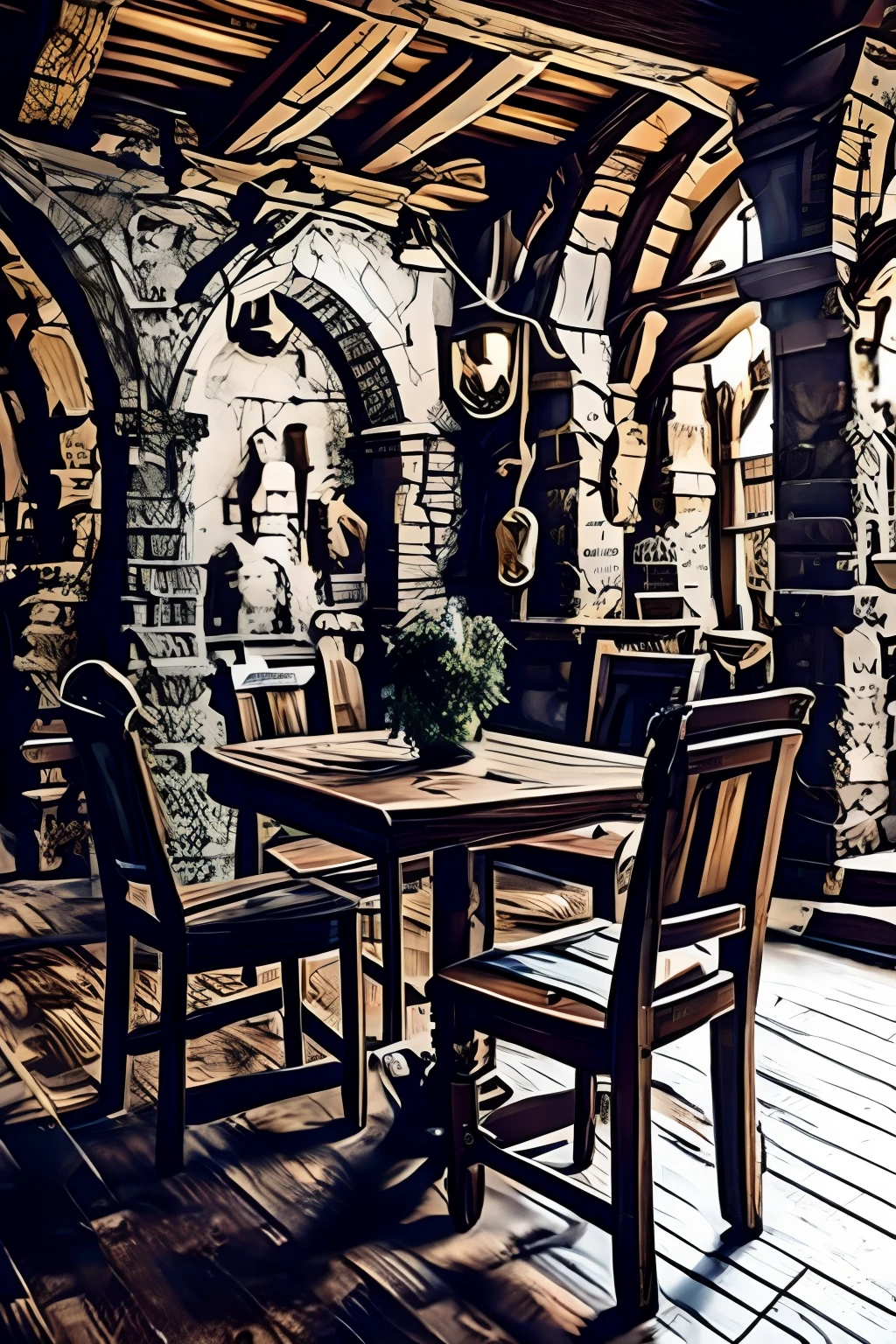 old medieval table, 4 medieval chairs, food, beer, no background