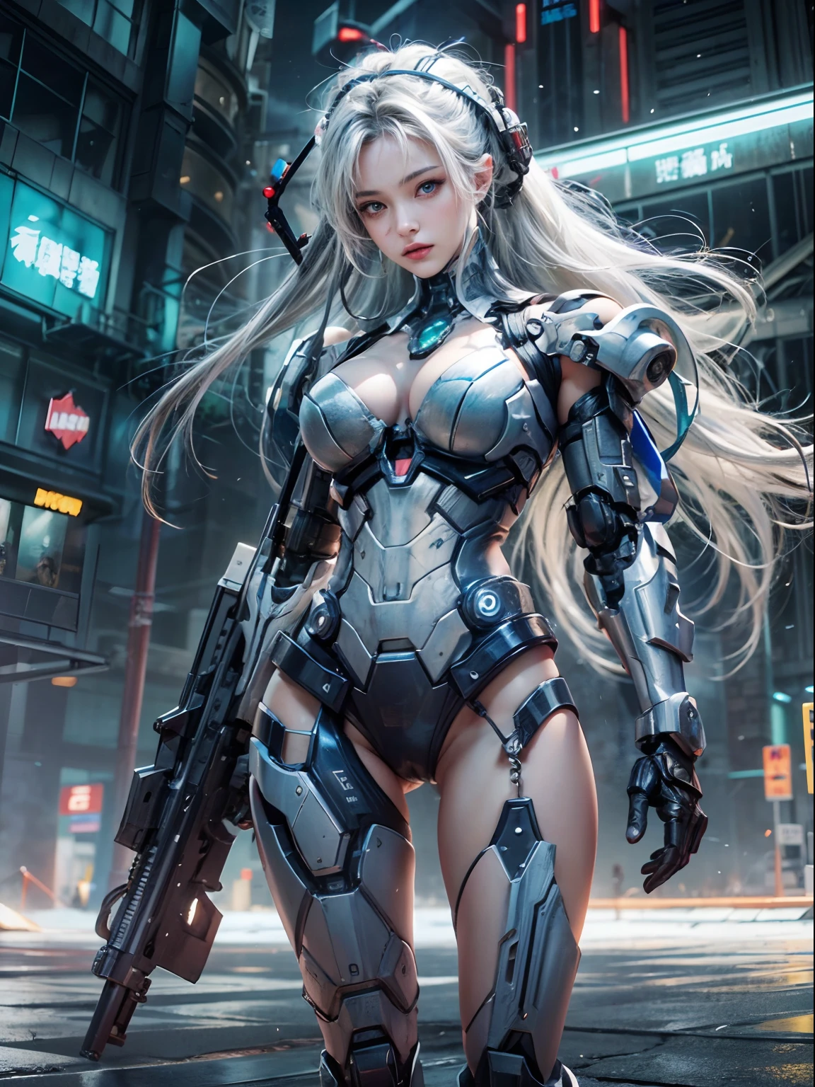 NSFW, 1girll, Cyberpunk, Mecha armor, Mechanical, (Masterpiece: 1.4), (8K, Realistic, RAW photo, Best quality: 1.4), nipple areola shape clear, , Japanese girl, Beautiful cute face, (Real face: 1.4), Perfect , Beautiful hairstyle, Realistic blue eyes, Beautiful detail eyes, (Real skin: 1.3), Beautiful skin, Attractive, 超高分辨率, Ultra photo realsisim, Hulling machine, Night view, post apocalyptic world, Cinematic lighting, White colored hair, Long hair, double-ponytail, blueribbon, Weapons in hand, alien spaceship, Futuristic fantasy, Legs open, Fighting posture