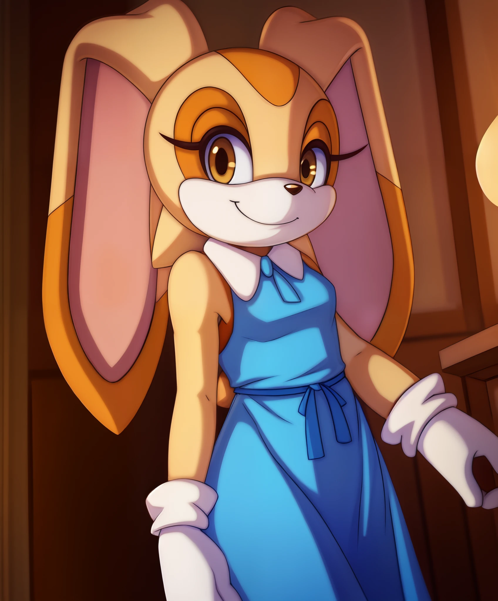 best quality, ((anthro, furry)), cream the rabbit, anthro, blue dress, smile,