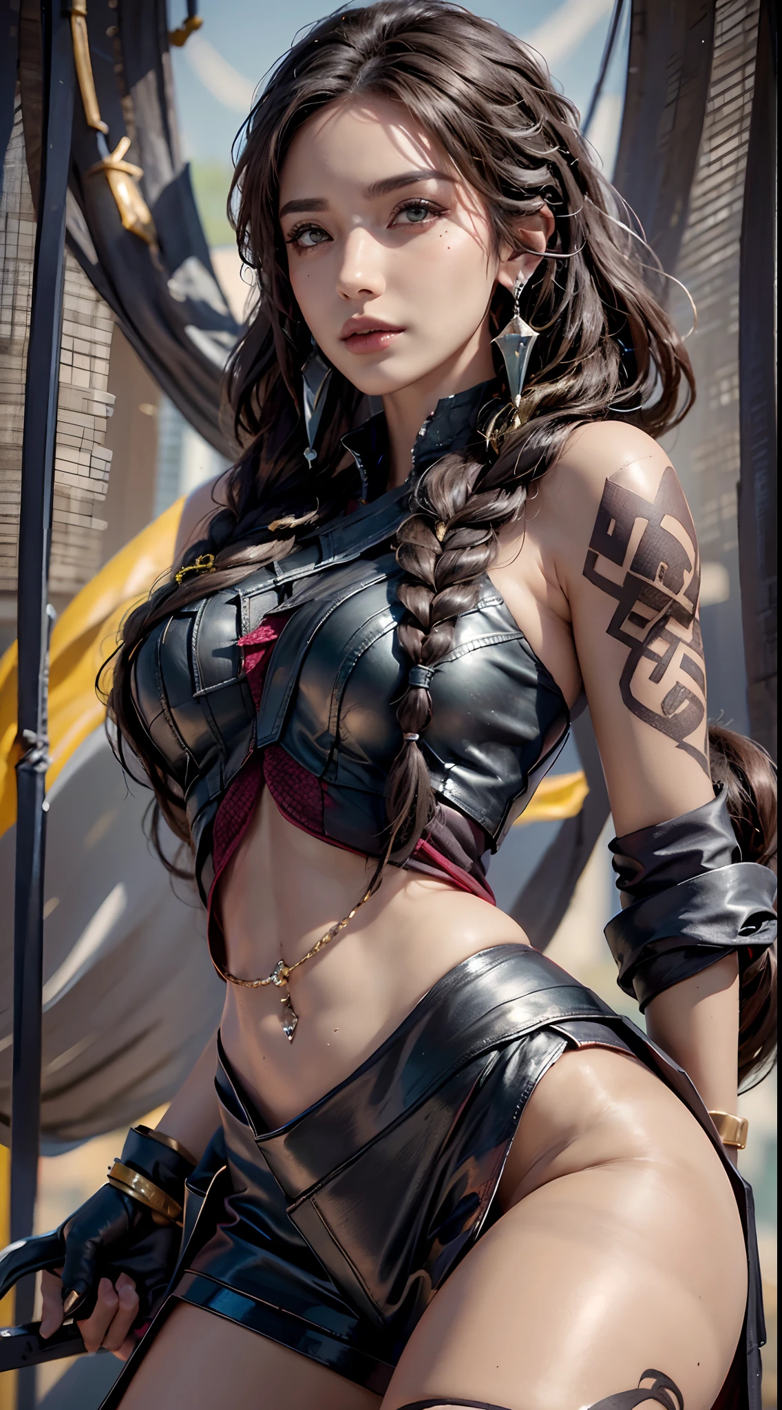 photorealistic, high resolution, 1women, mature female, solo, hips up, look at viewer, (detailed face), tattoo, samira \(league of legends\), eyepatch, earrings, green eyes, braid, long hair, dark skin, gloves, armor, navel, bracelet, lips, mole, mole above mouth, tan skin, desert, back view