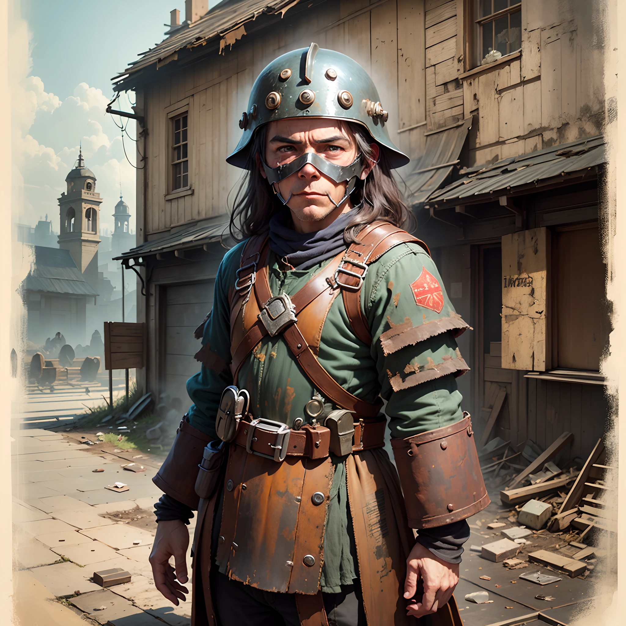 En un mundo dieselpunk. A very nice young soldier in the British army, con un gran sombrero y un traje rojo con muchos botones y varias medallas. She carries a strange steam rifle. She is patrolling on a large cobblestone street with large buildings..... La luz es algo pobre debido al exceso de humo.